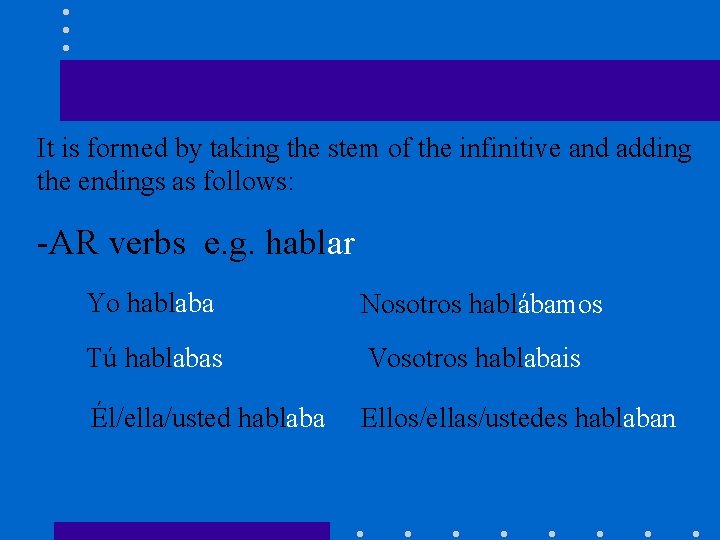 It is formed by taking the stem of the infinitive and adding the endings