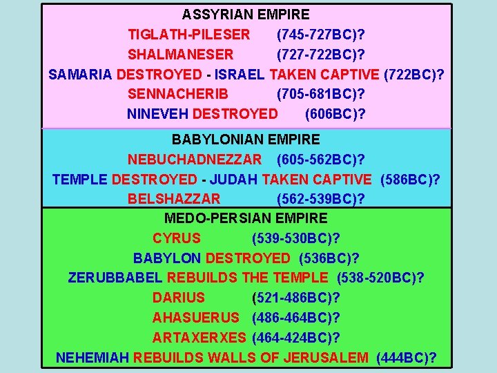 ASSYRIAN EMPIRE TIGLATH-PILESER (745 -727 BC)? SHALMANESER (727 -722 BC)? SAMARIA DESTROYED - ISRAEL