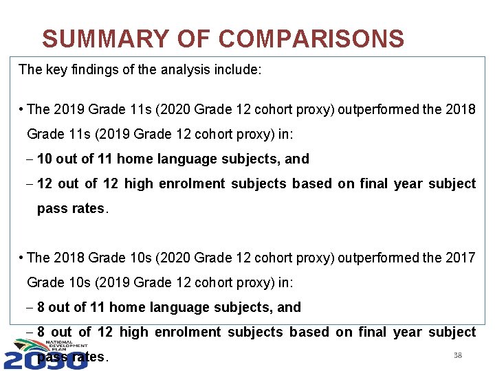 SUMMARY OF COMPARISONS The key findings of the analysis include: • The 2019 Grade