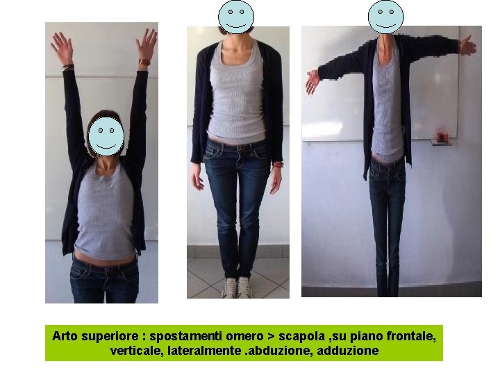 Arto superiore : spostamenti omero > scapola , su piano frontale, verticale, lateralmente. abduzione,