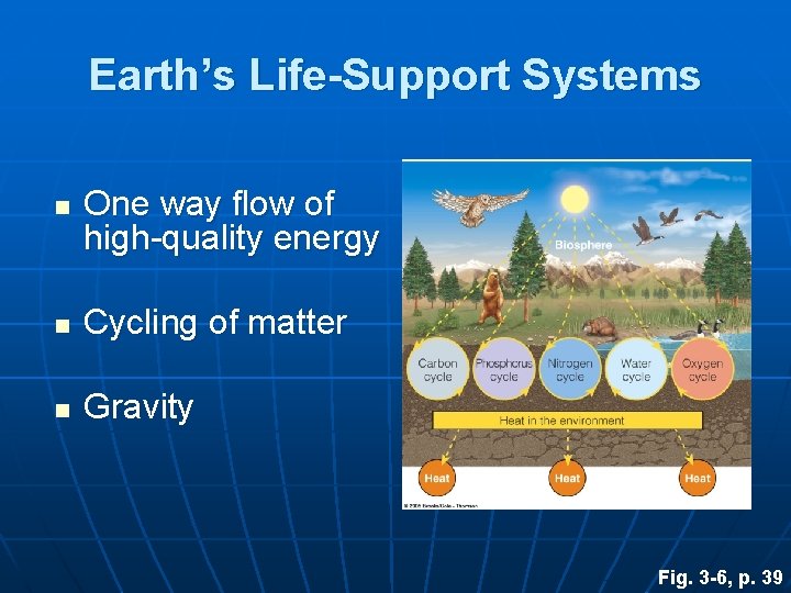 Earth’s Life-Support Systems n One way flow of high-quality energy n Cycling of matter