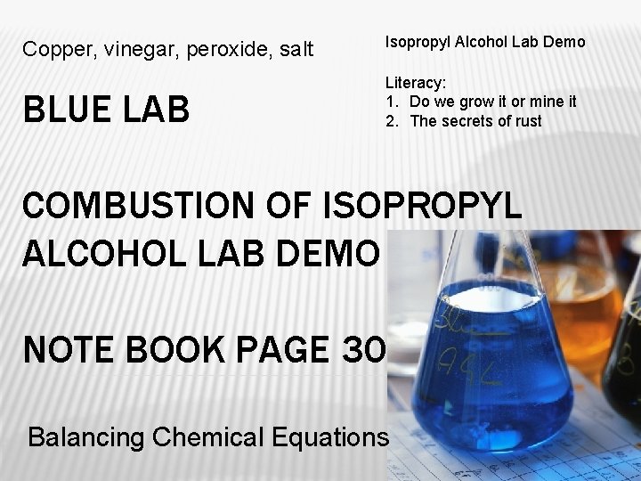 Copper, vinegar, peroxide, salt Isopropyl Alcohol Lab Demo BLUE LAB Literacy: 1. Do we