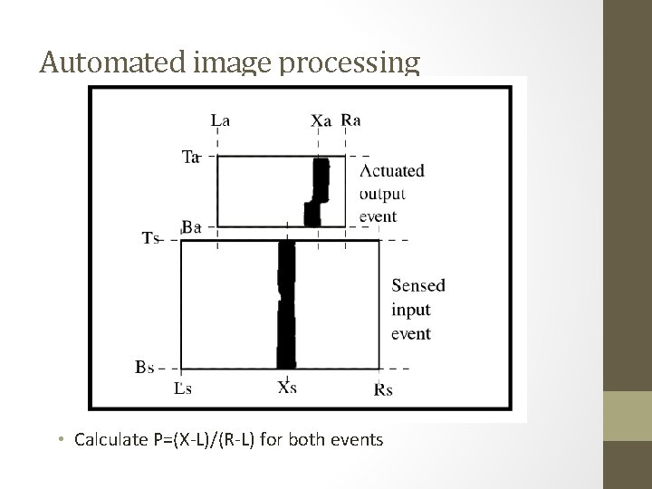 Automated image processing • Calculate P=(X-L)/(R-L) for both events 