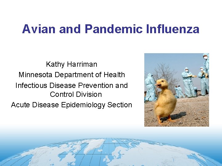 Avian and Pandemic Influenza Kathy Harriman Minnesota Department of Health Infectious Disease Prevention and