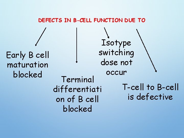 DEFECTS IN B-CELL FUNCTION DUE TO Early B cell maturation blocked Isotype switching dose
