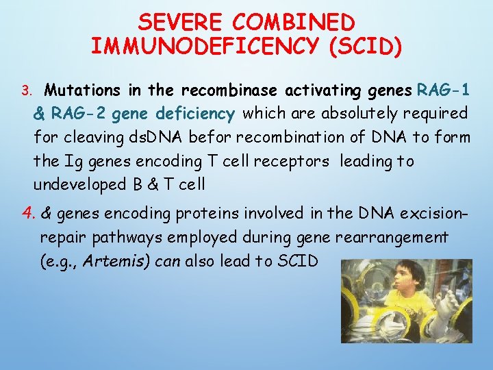 SEVERE COMBINED IMMUNODEFICENCY (SCID) 3. Mutations in the recombinase activating genes RAG-1 & RAG-2