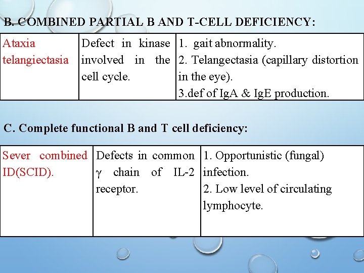 B. COMBINED PARTIAL B AND T-CELL DEFICIENCY: Ataxia telangiectasia Defect in kinase 1. gait