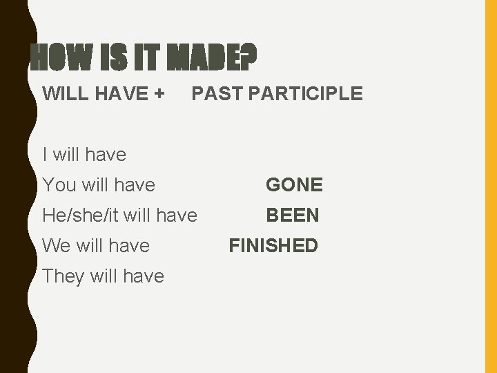 HOW IS IT MADE? WILL HAVE + PAST PARTICIPLE I will have You will