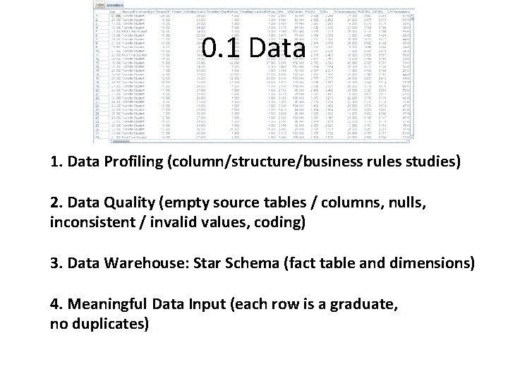 0. 1 Data 1. Data Profiling (column/structure/business rules studies) 2. Data Quality (empty source