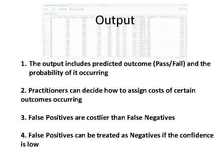 Output 1. The output includes predicted outcome (Pass/Fail) and the probability of it occurring