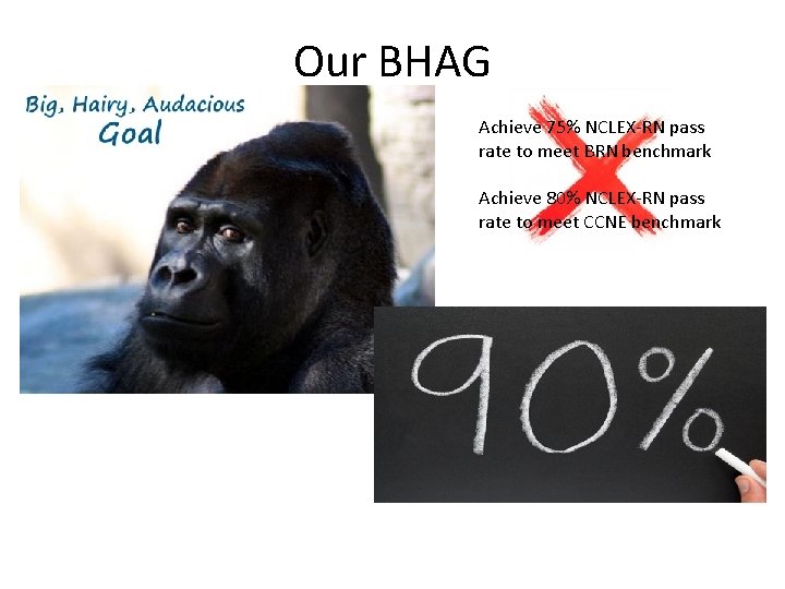 Our BHAG Achieve 75% NCLEX-RN pass rate to meet BRN benchmark Achieve 80% NCLEX-RN