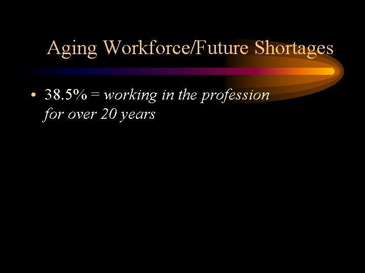 Aging Workforce/Future Shortages • 38. 5% = working in the profession for over 20
