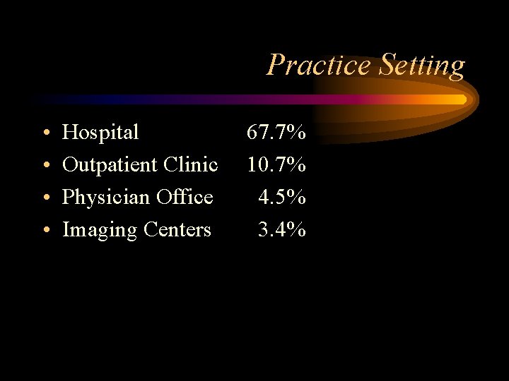 Practice Setting • • Hospital Outpatient Clinic Physician Office Imaging Centers 67. 7% 10.