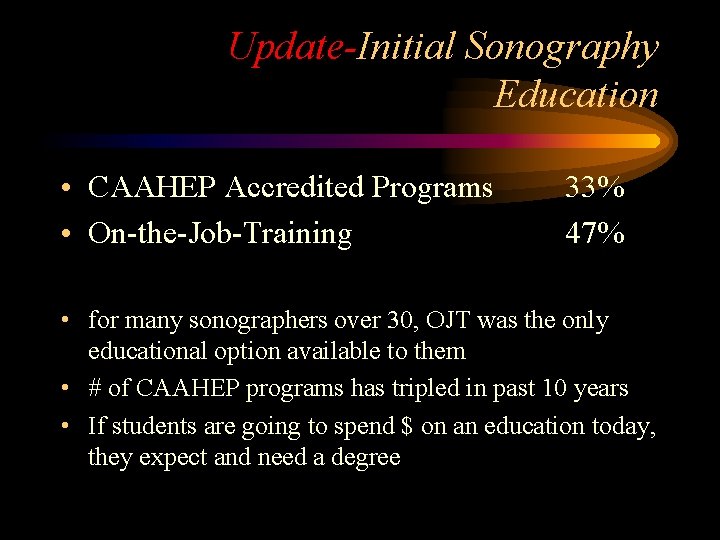 Update-Initial Sonography Education • CAAHEP Accredited Programs • On-the-Job-Training 33% 47% • for many