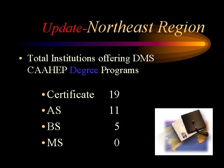 Update-Northeast • Total Institutions offering DMS CAAHEP Degree Programs • Certificate • AS •