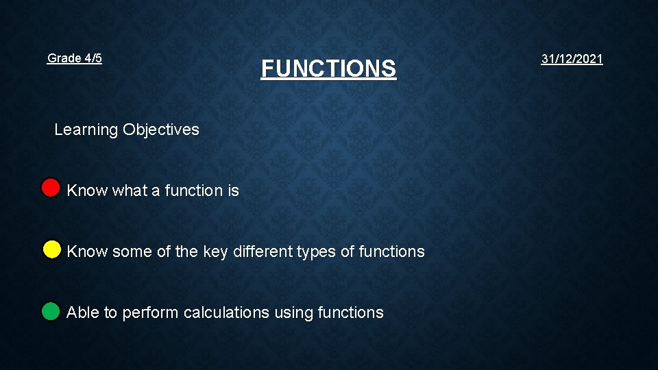 Grade 4/5 FUNCTIONS Learning Objectives • Know what a function is • Know some