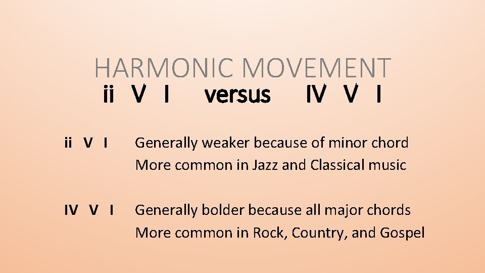 HARMONIC MOVEMENT ii V I versus IV V I ii V I Generally weaker