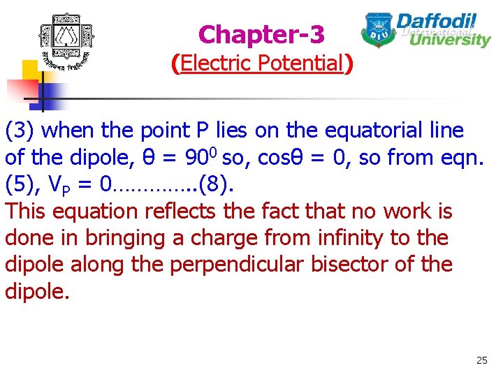Chapter-3 (Electric Potential) (3) when the point P lies on the equatorial line of