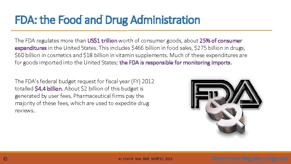 FDA: the Food and Drug Administration The FDA regulates more than US$1 trillion worth