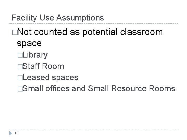 Facility Use Assumptions �Not counted as potential classroom space �Library �Staff Room �Leased spaces