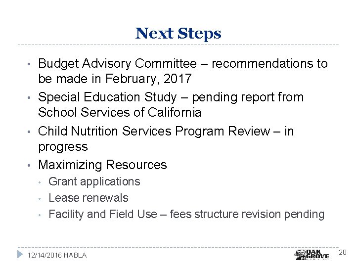 Next Steps • • Budget Advisory Committee – recommendations to be made in February,