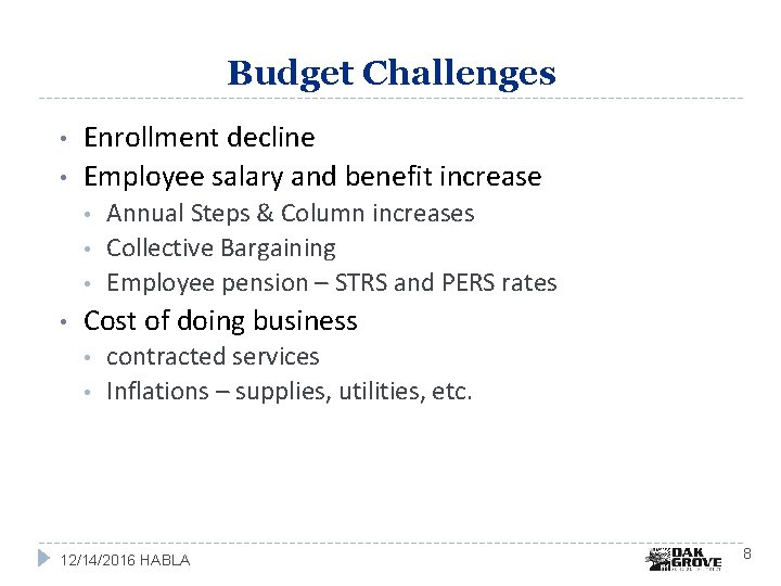 Budget Challenges • • Enrollment decline Employee salary and benefit increase • • Annual