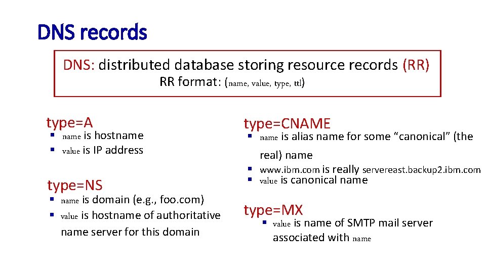 DNS records DNS: distributed database storing resource records (RR) RR format: (name, value, type,