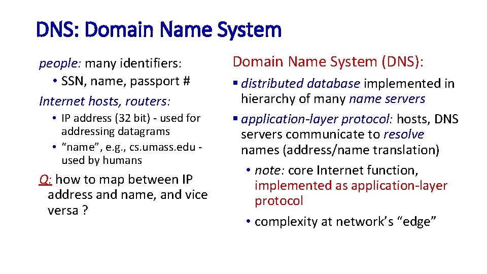 DNS: Domain Name System people: many identifiers: • SSN, name, passport # Internet hosts,