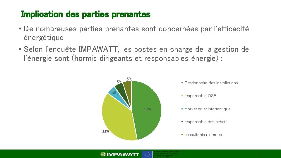 Implication des parties prenantes • De nombreuses parties prenantes sont concernées par l'efficacité énergétique