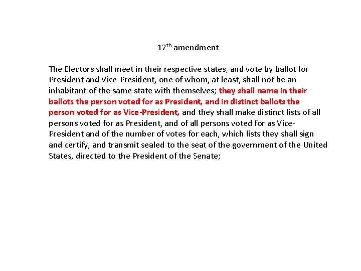 12 th amendment The Electors shall meet in their respective states, and vote by