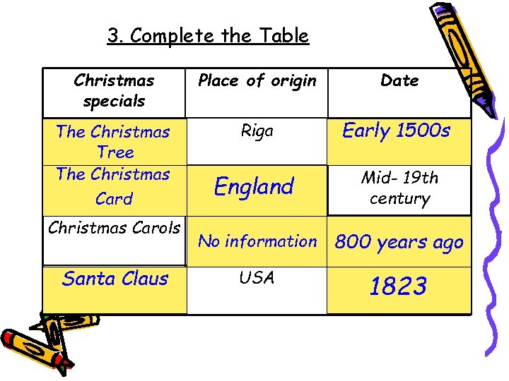 3. Complete the Table Christmas specials Place of origin Date The Christmas Tree The
