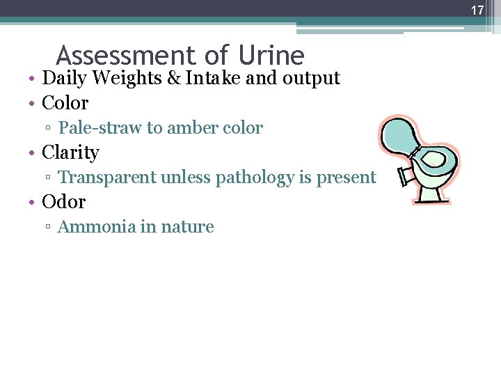 17 Assessment of Urine • Daily Weights & Intake and output • Color ▫
