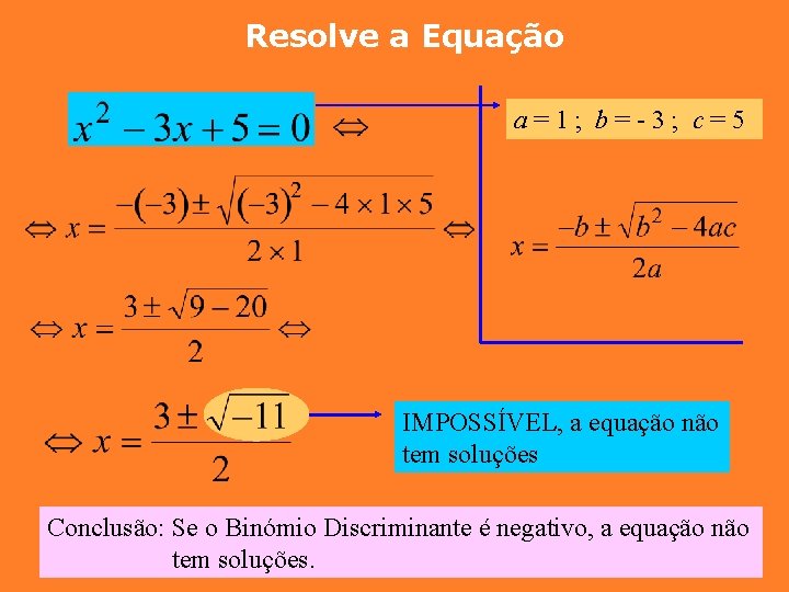 Resolve a Equação a=1; b=-3; c=5 IMPOSSÍVEL, a equação não tem soluções Conclusão: Se