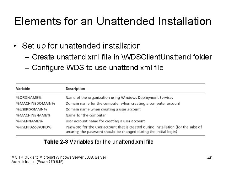 Elements for an Unattended Installation • Set up for unattended installation – Create unattend.