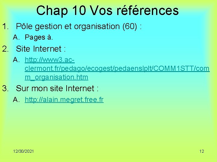 Chap 10 Vos références 1. Pôle gestion et organisation (60) : A. Pages à.