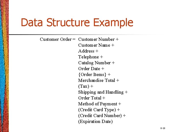 Data Structure Example Customer Order = Customer Number + Customer Name + Address +