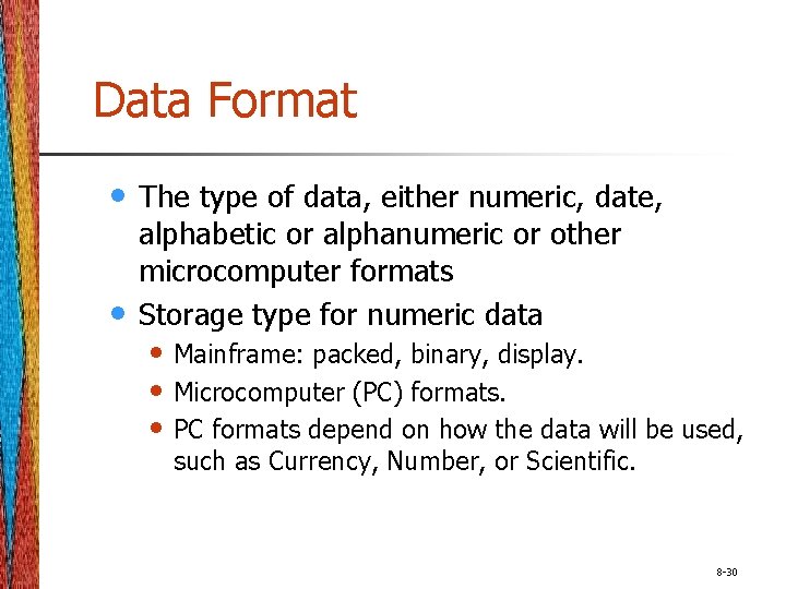 Data Format • • The type of data, either numeric, date, alphabetic or alphanumeric