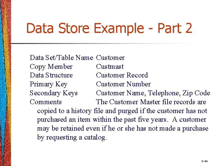 Data Store Example - Part 2 Data Set/Table Name Customer Copy Member Custmast Data