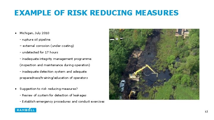 EXAMPLE OF RISK REDUCING MEASURES • Michigan, July 2010 - rupture oil pipeline –