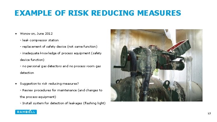 EXAMPLE OF RISK REDUCING MEASURES • Wonowon, June 2012 - leak compressor station -