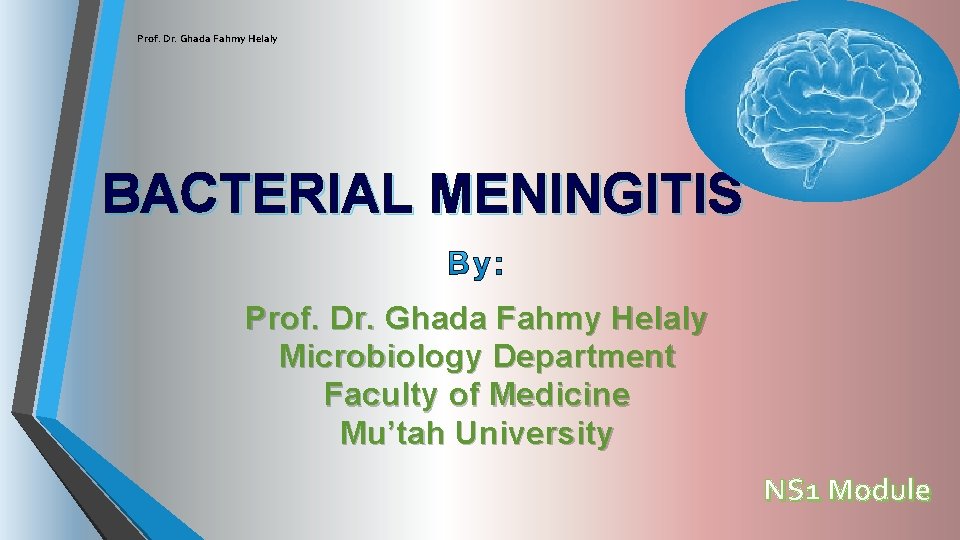 Prof. Dr. Ghada Fahmy Helaly BACTERIAL MENINGITIS Prof. Dr. Ghada Fahmy Helaly Microbiology Department