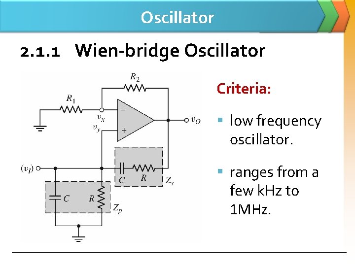 Oscillator 2. 1. 1 Wien-bridge Oscillator Criteria: § low frequency oscillator. § ranges from