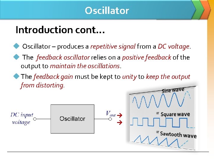 Oscillator Introduction cont… u Oscillator – produces a repetitive signal from a DC voltage.