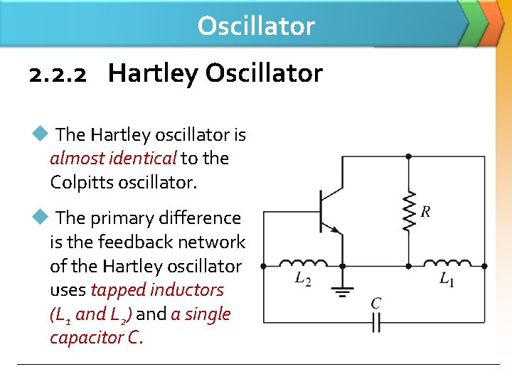 Oscillator 2. 2. 2 Hartley Oscillator u The Hartley oscillator is almost identical to