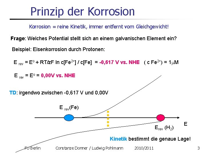 Prinzip der Korrosion = reine Kinetik, immer entfernt vom Gleichgewicht! Frage: Welches Potential stellt