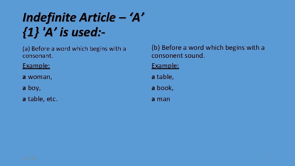 Indefinite Article – ‘A’ {1} 'A’ is used: (a) Before a word which begins