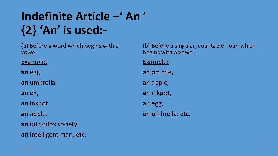 Indefinite Article –‘ An ’ {2} ‘An’ is used: (a) Before a word which