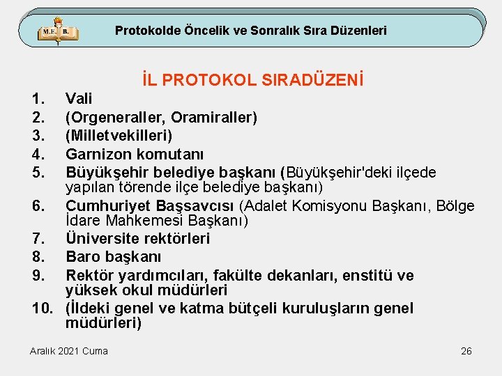 Protokolde Öncelik ve Sonralık Sıra Düzenleri İL PROTOKOL SIRADÜZENİ 1. 2. 3. 4. 5.