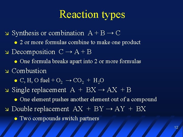 Reaction types Synthesis or combination A + B → C Decomposition C → A