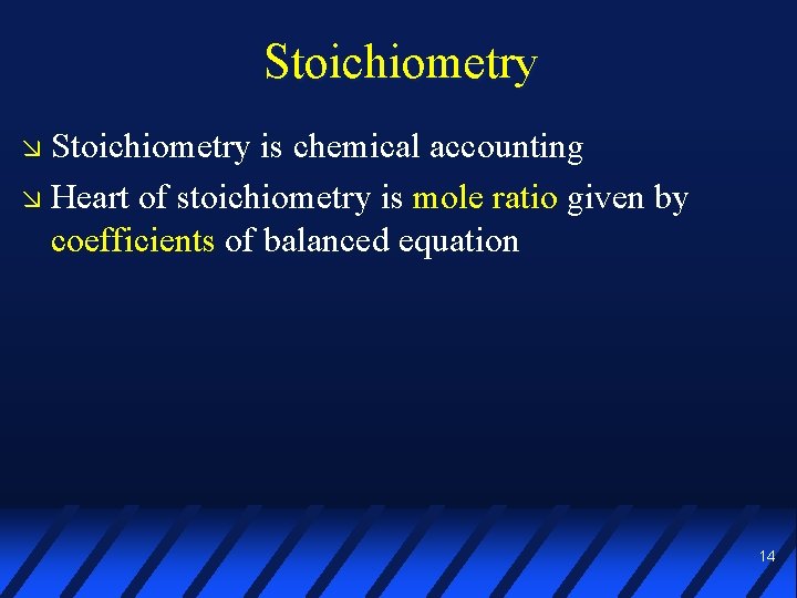 Stoichiometry is chemical accounting Heart of stoichiometry is mole ratio given by coefficients of